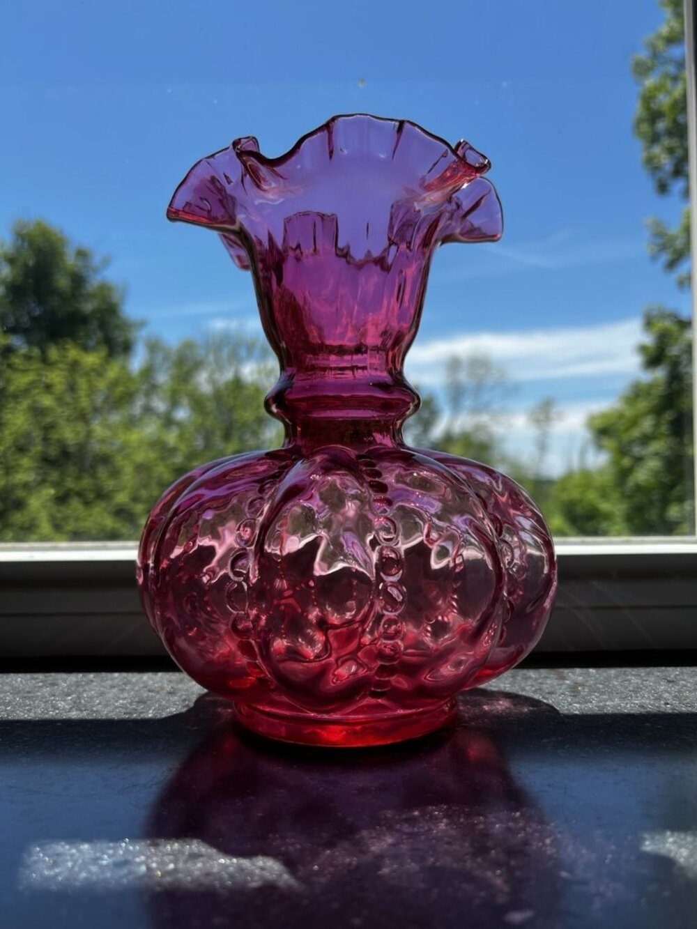 Vtg Fenton SMALL 5" Cranberry Melon Glass Vase Ruffle Edge EUC Reflective